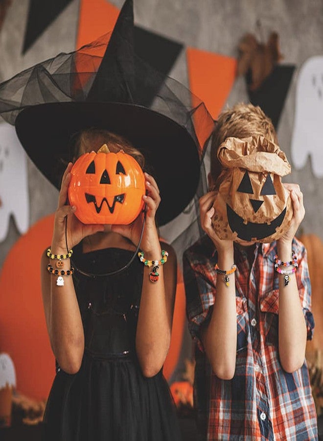 Spiritlele 12 Pieces Halloween Bracelet Pumpkin Ghost Bat Cat Charm Bracelets Costume Beaded Strand Stretch Bracelets Wristband Set - Image 3