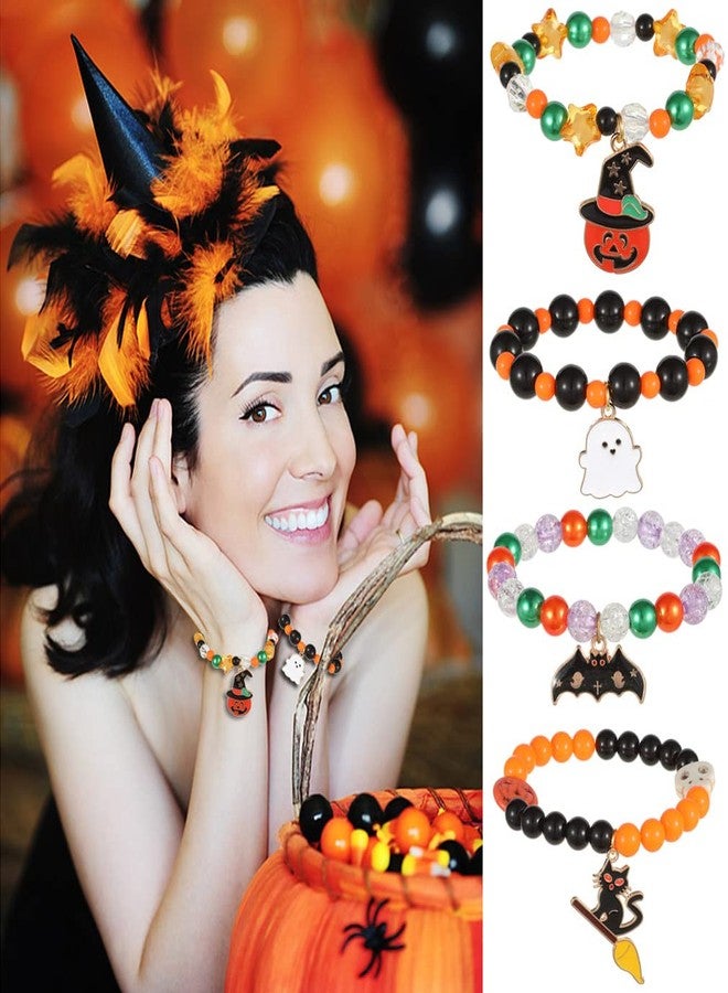 Spiritlele 12 Pieces Halloween Bracelet Pumpkin Ghost Bat Cat Charm Bracelets Costume Beaded Strand Stretch Bracelets Wristband Set - Image 4