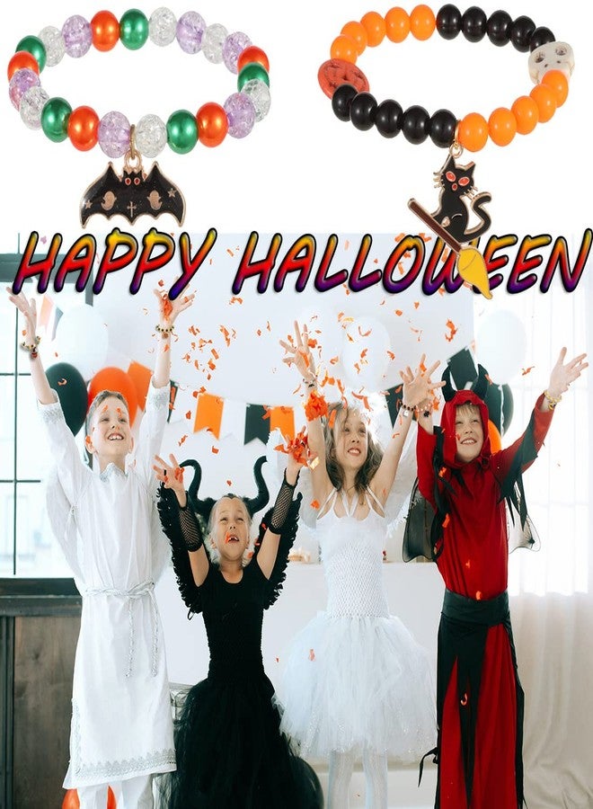 Spiritlele 12 Pieces Halloween Bracelet Pumpkin Ghost Bat Cat Charm Bracelets Costume Beaded Strand Stretch Bracelets Wristband Set - Image 5