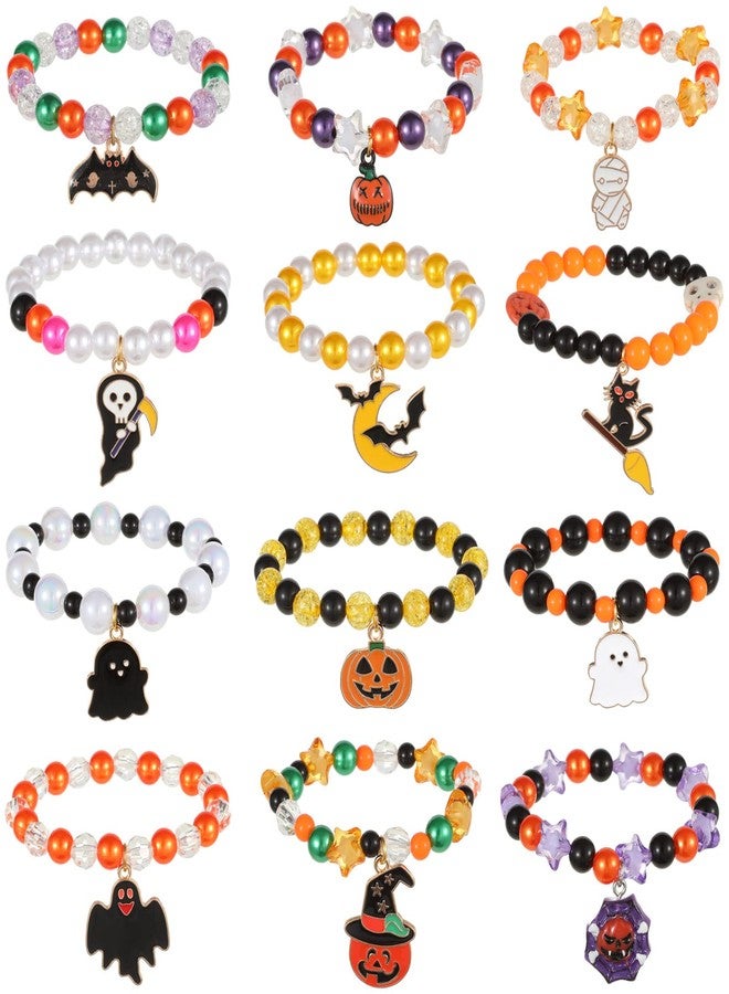 Spiritlele 12 Pieces Halloween Bracelet Pumpkin Ghost Bat Cat Charm Bracelets Costume Beaded Strand Stretch Bracelets Wristband Set - Image 1