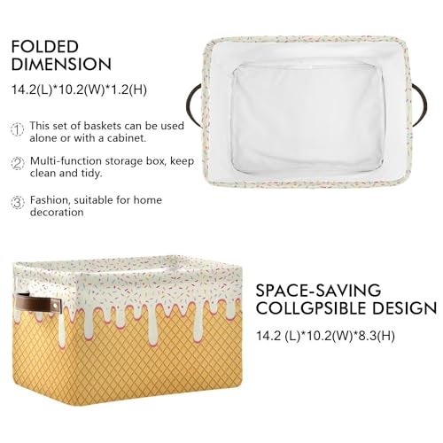Wamika Ice Cream Drip Baseball Storage Basket with Waterproof Liner and PU Handles White Vanilla Storage Bins Boxes 142 Collapsible Decorative Organizer Baskets for Bedroom Closet Office 1 Pack - Image 3