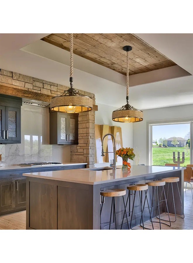 Rustic Rope Hanging Pendant Light with Woven Shade – Vintage Ceiling Lamp - Image 5