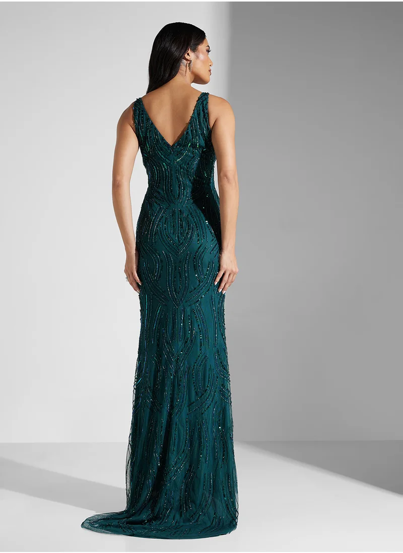 نمشي x V Neck Sequin Embellished Evening Gown