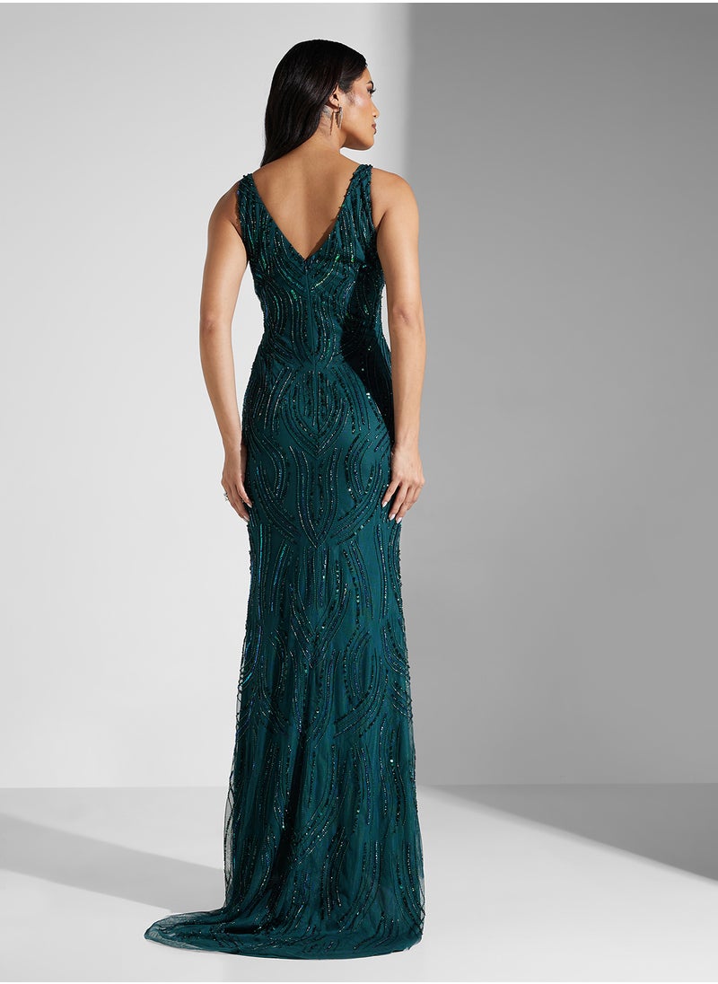 Namshi x V Neck Sequin Embellished Evening Gown  - Image 2
