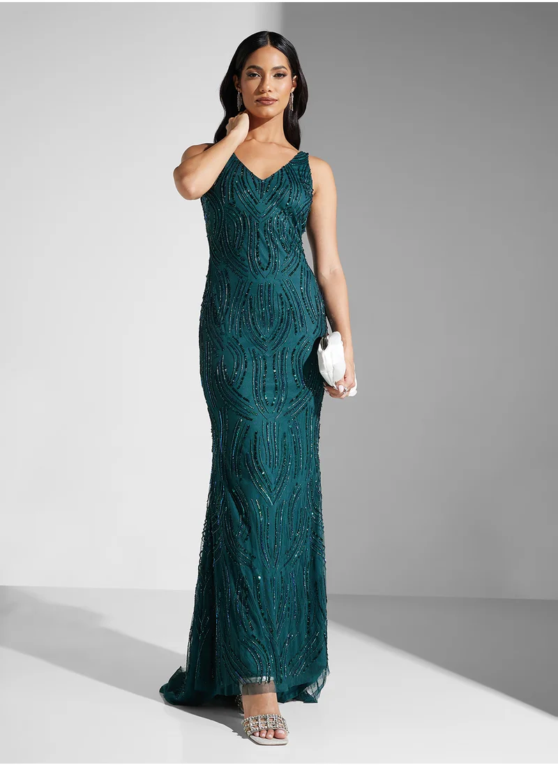 نمشي x V Neck Sequin Embellished Evening Gown