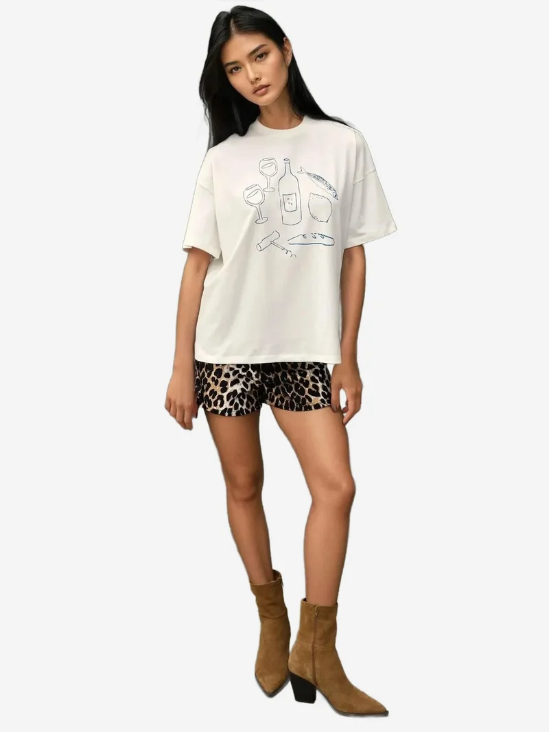 HICCUP %100 Cotton Oversized Printed Crew Neck Cotton T-Shirt