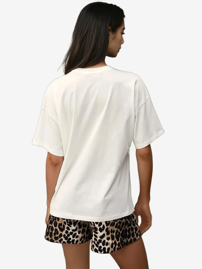 HICCUP %100 Cotton Oversized Printed Crew Neck Cotton T-Shirt