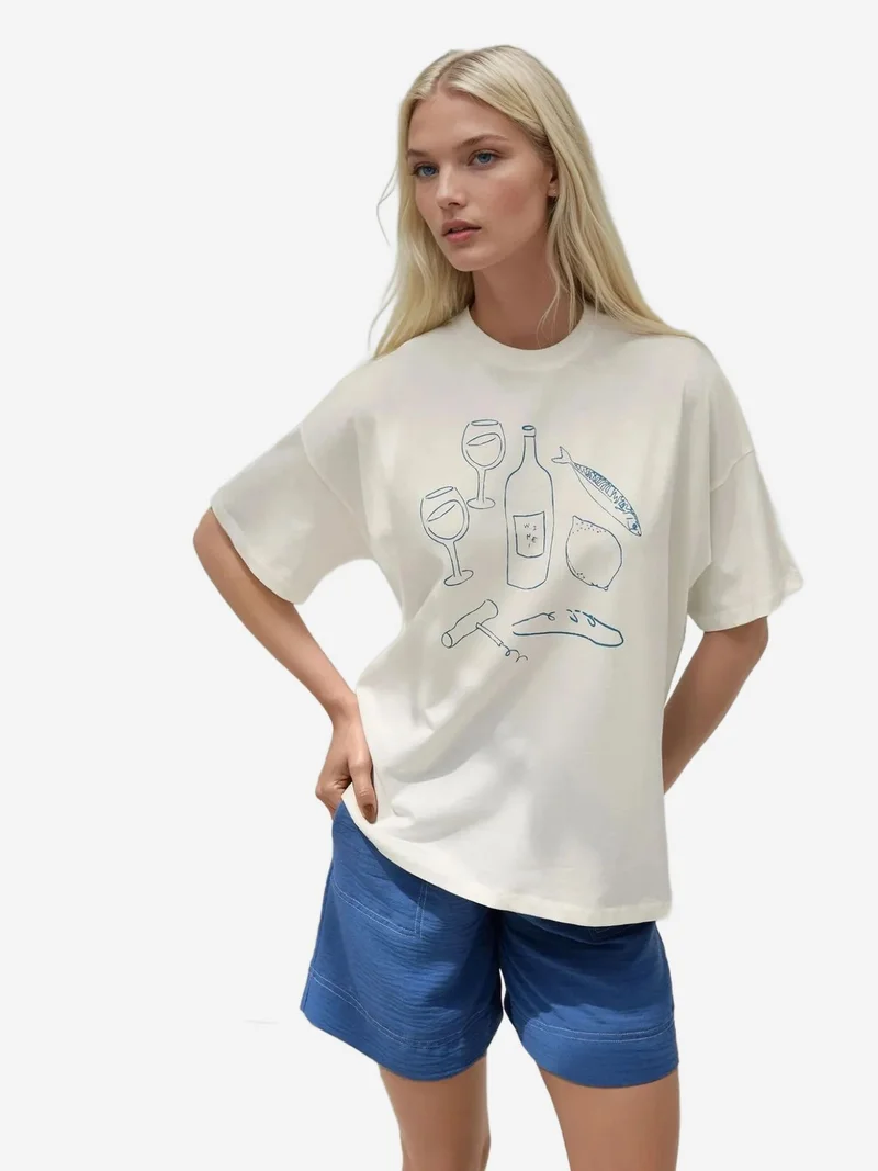 Hiccup Dusty White %100 Cotton Oversized Printed Crew Neck Cotton T-Shirt for Women | Best Price UAE