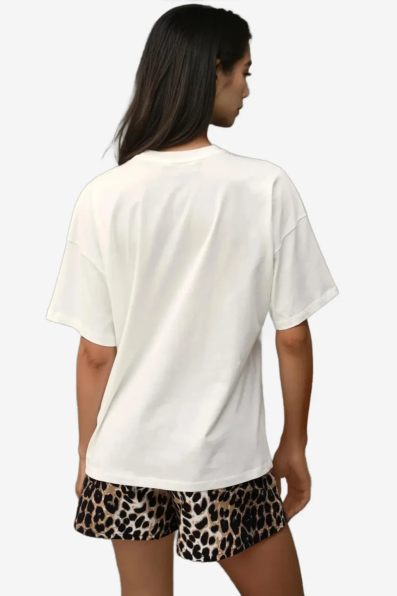 Hiccup Dusty White %100 Cotton Oversized Printed Crew Neck Cotton T-Shirt for Women | Best Price UAE