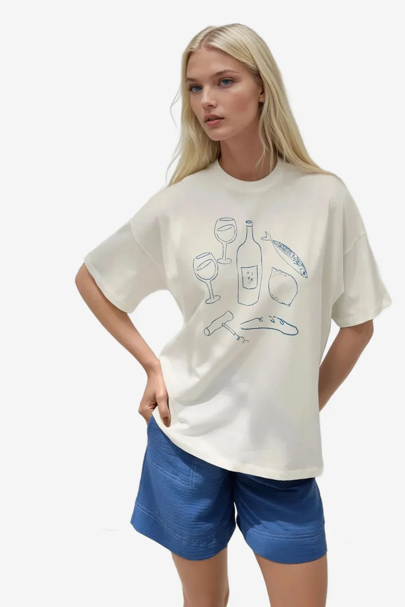 Hiccup Dusty White %100 Cotton Oversized Printed Crew Neck Cotton T-Shirt for Women | Best Price UAE