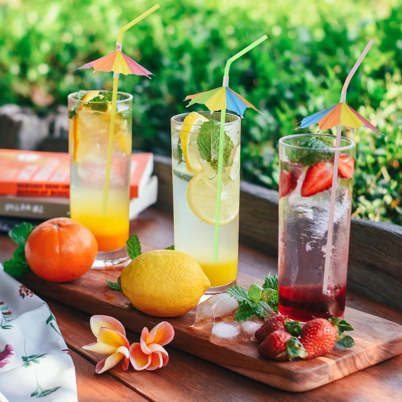 ALINK 100 PCS Umbrella Straws  Long Cocktail Drink Umbrellas Fancy Flower Bar Straws  Tropical Summber Beach Luau Tiki Hawaiian Party Straws Decorations - Octagonal - Image 5