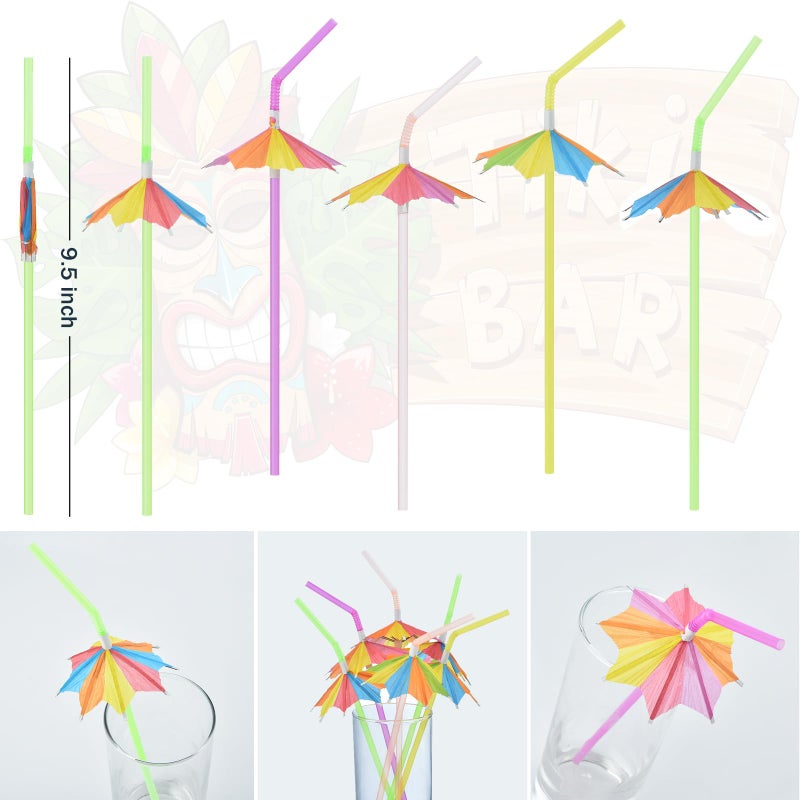 ALINK 100 PCS Umbrella Straws  Long Cocktail Drink Umbrellas Fancy Flower Bar Straws  Tropical Summber Beach Luau Tiki Hawaiian Party Straws Decorations - Octagonal - Image 3