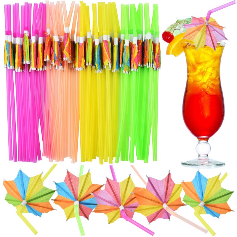 ALINK 100 PCS Umbrella Straws  Long Cocktail Drink Umbrellas Fancy Flower Bar Straws  Tropical Summber Beach Luau Tiki Hawaiian Party Straws Decorations - Octagonal - Image 1