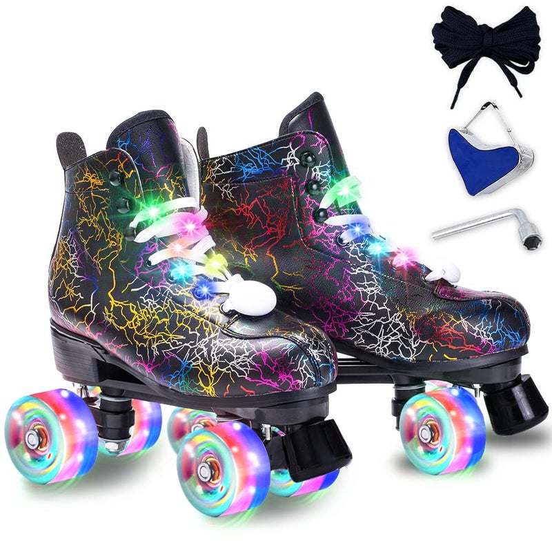 SCNUT Roller Skates Women Men - Microfiber Leather Roller Skate Classic High Top Double Row Roller Skates for Indoor Outdoor with Light up Shoe Laces (Flash Wheel, 45-US Men 11= Women 12) - Image 1