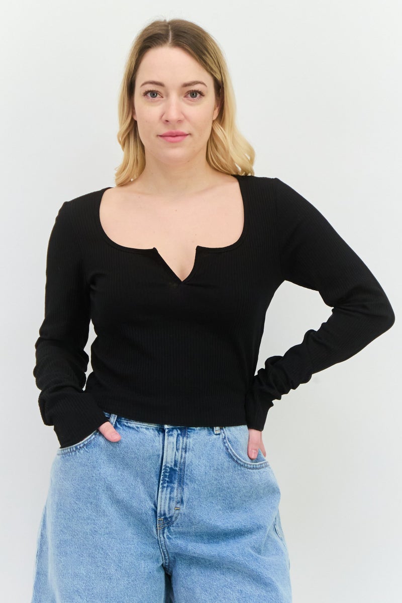 NIA Women Horseshoe Neckline Long Sleeves Textured Top, Black - Image 1