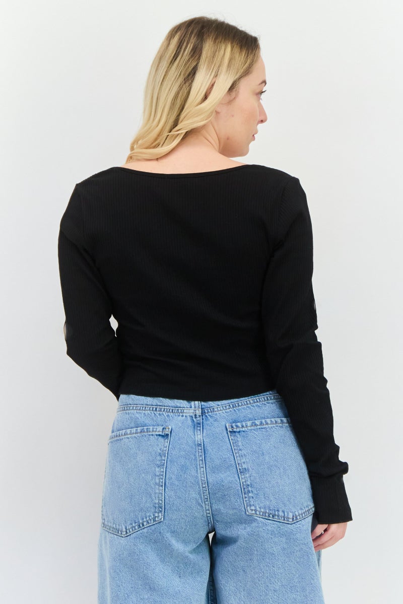 NIA Women Horseshoe Neckline Long Sleeves Textured Top, Black - Image 3