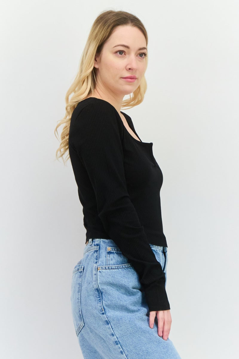 NIA Women Horseshoe Neckline Long Sleeves Textured Top, Black - Image 2