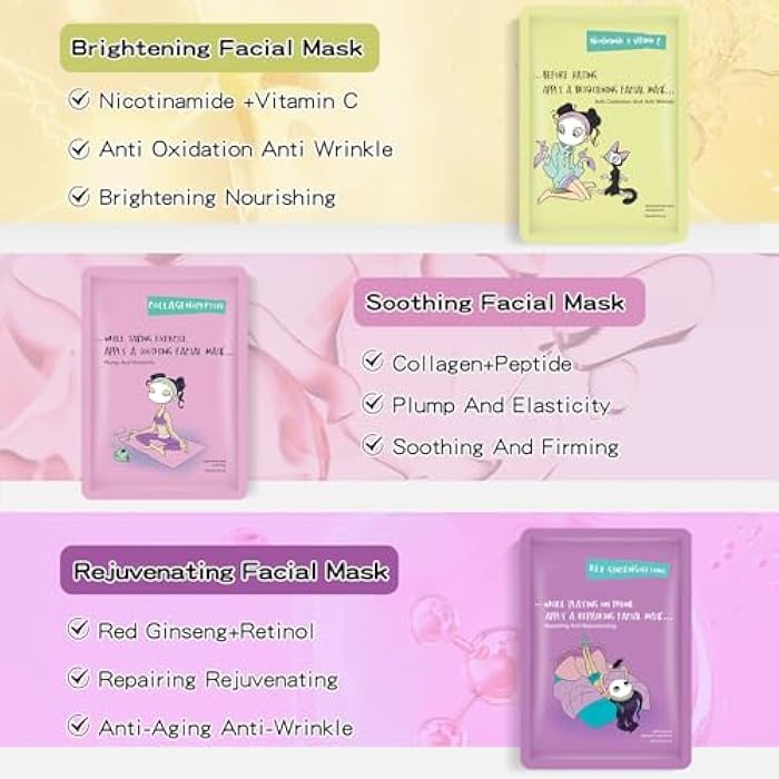 GUOYAOLIFU Face Masks Skincare Set for Girl,Moisturizing Collagen Facial Masks for Women Home Spa,Hyaluronic Acid Face Mask for All Skin Types,Day Night Facial Mask Hydrating,Deep Cleaning,Oil Contral(12Pack) - Image 2