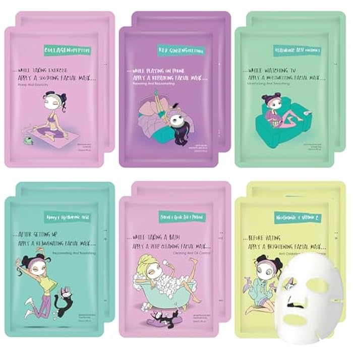 GUOYAOLIFU Face Masks Skincare Set for Girl,Moisturizing Collagen Facial Masks for Women Home Spa,Hyaluronic Acid Face Mask for All Skin Types,Day Night Facial Mask Hydrating,Deep Cleaning,Oil Contral(12Pack) - Image 1