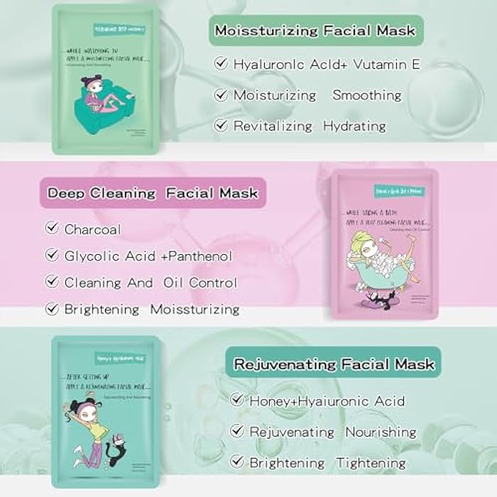 GUOYAOLIFU Face Masks Skincare Set for Girl,Moisturizing Collagen Facial Masks for Women Home Spa,Hyaluronic Acid Face Mask for All Skin Types,Day Night Facial Mask Hydrating,Deep Cleaning,Oil Contral(12Pack) - Image 3