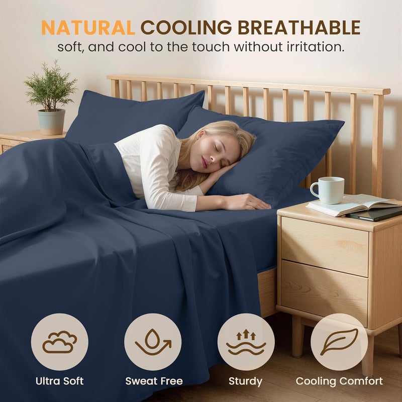 USXIBEI Queen Size 4 Piece Bed Sheet Set - Ultra Imitation Cotton-Premium Breathable & Cooling Sheets - Hotel Luxury Bed Sheets Deep Pocket up to 15"- Wrinkle, Fade, Stain Resistant (Navy Blue, Queen) - Image 3