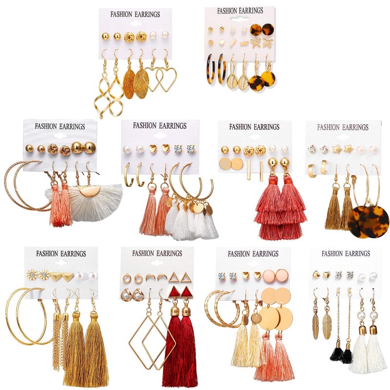 AROIC 63Pairs Fashion Earrings with Tassel Earrings Layered Ball Dangle Hoop Stud Jacket Earrings for Women Jewelry Fashion and Valentine Birthday Party Gift - Image 1