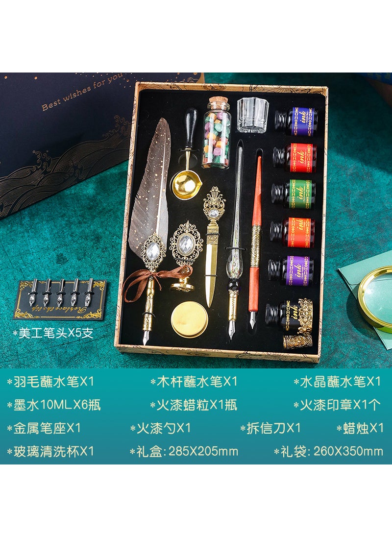 Generic - European style British style classic mechanical feather pen set dip pen new product dip pen calligraphy calligraphyUpgraded Gem Quill Pen 21-Piece Set-Grey + Black Wave Bag Upgraded Gem Quill Pen 21-Piece Set-Grey + Black Wave Bag - Image 1