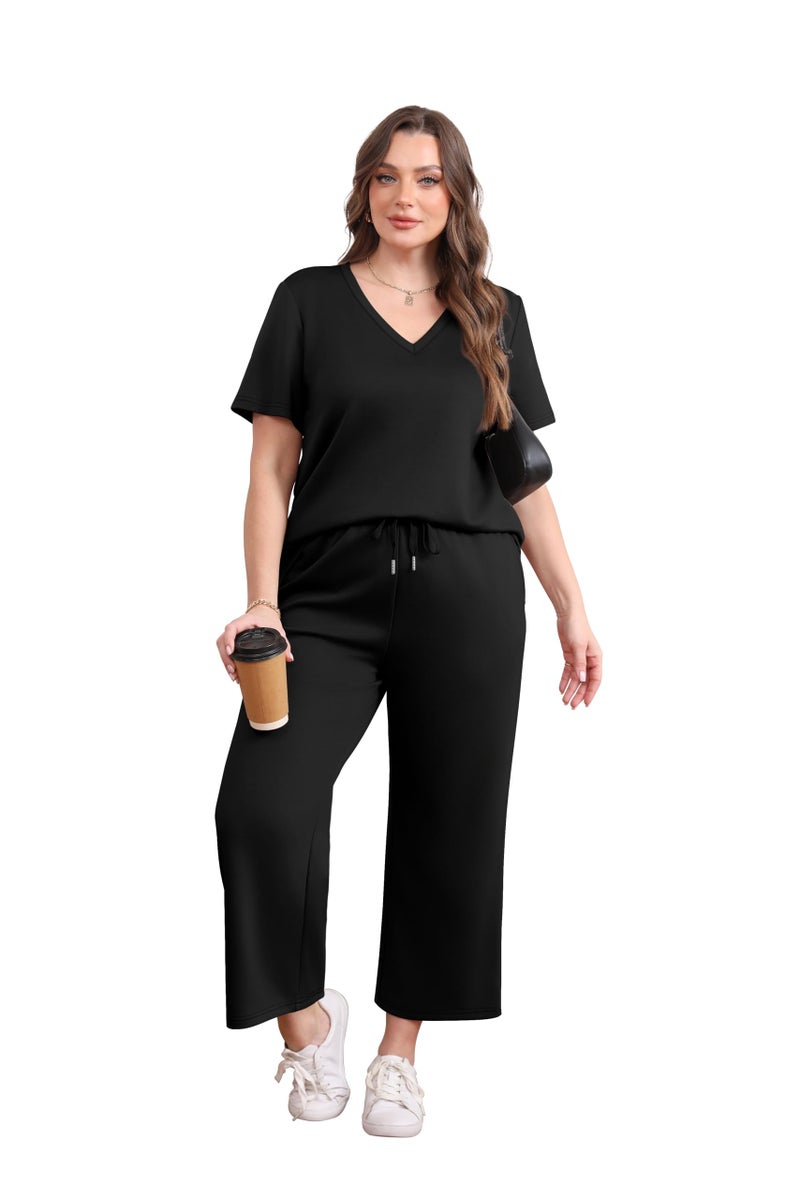 WIHOLL 2 Piece Sets For Women Summer Lounge Set Business Casual Date Outfits Track Suits Athleisure Pajamas Wide Leg Pants Woman Resort Wear 2025 Black M - Image 4