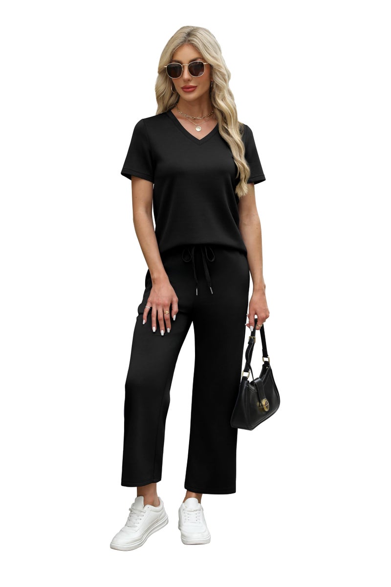 WIHOLL 2 Piece Sets For Women Summer Lounge Set Business Casual Date Outfits Track Suits Athleisure Pajamas Wide Leg Pants Woman Resort Wear 2025 Black M - Image 3