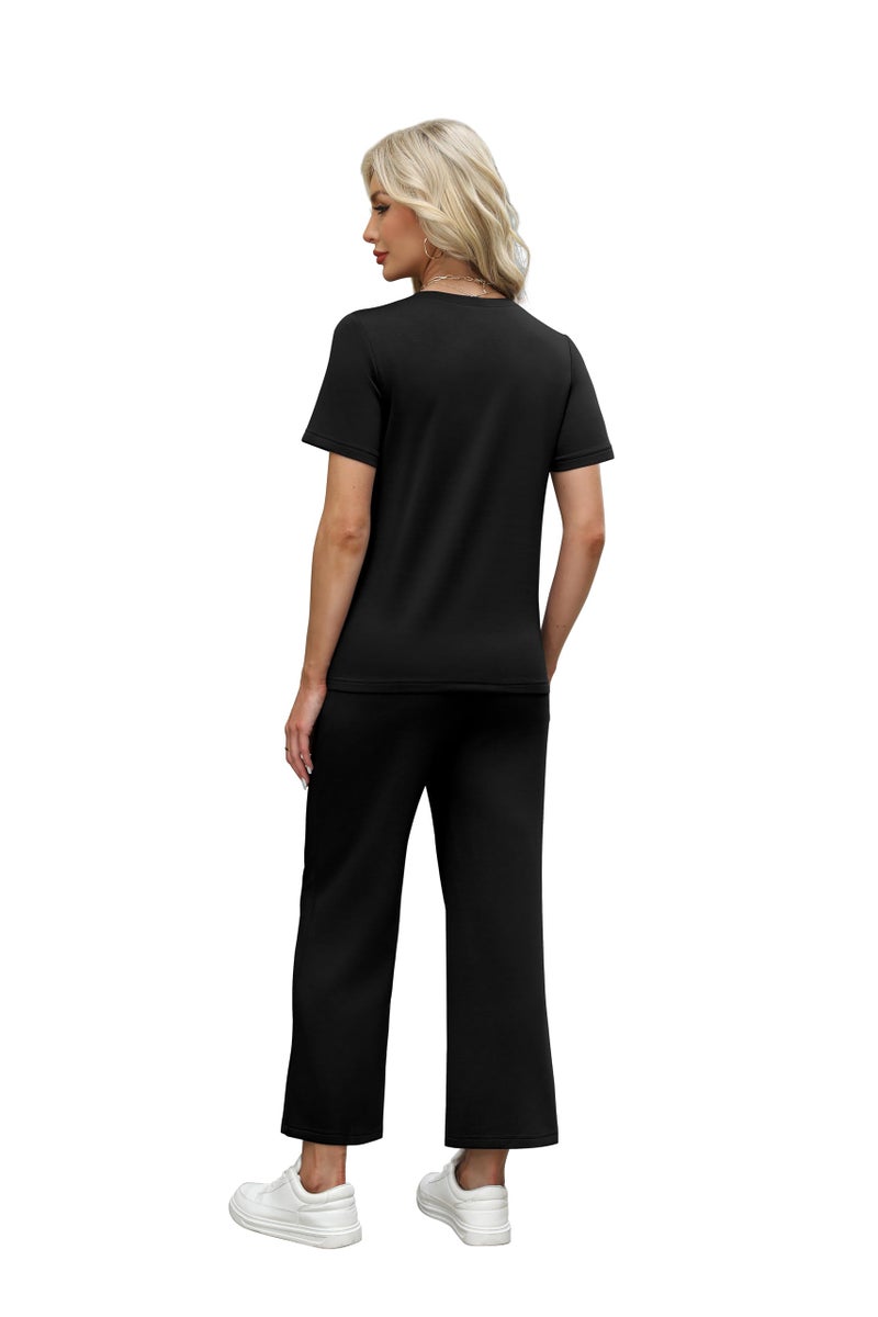 WIHOLL 2 Piece Sets For Women Summer Lounge Set Business Casual Date Outfits Track Suits Athleisure Pajamas Wide Leg Pants Woman Resort Wear 2025 Black M - Image 5