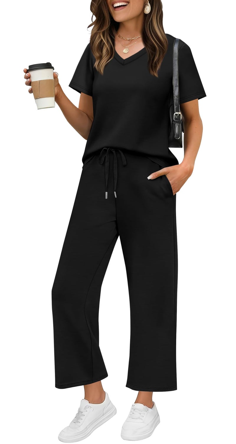 WIHOLL 2 Piece Sets For Women Summer Lounge Set Business Casual Date Outfits Track Suits Athleisure Pajamas Wide Leg Pants Woman Resort Wear 2025 Black M - Image 1