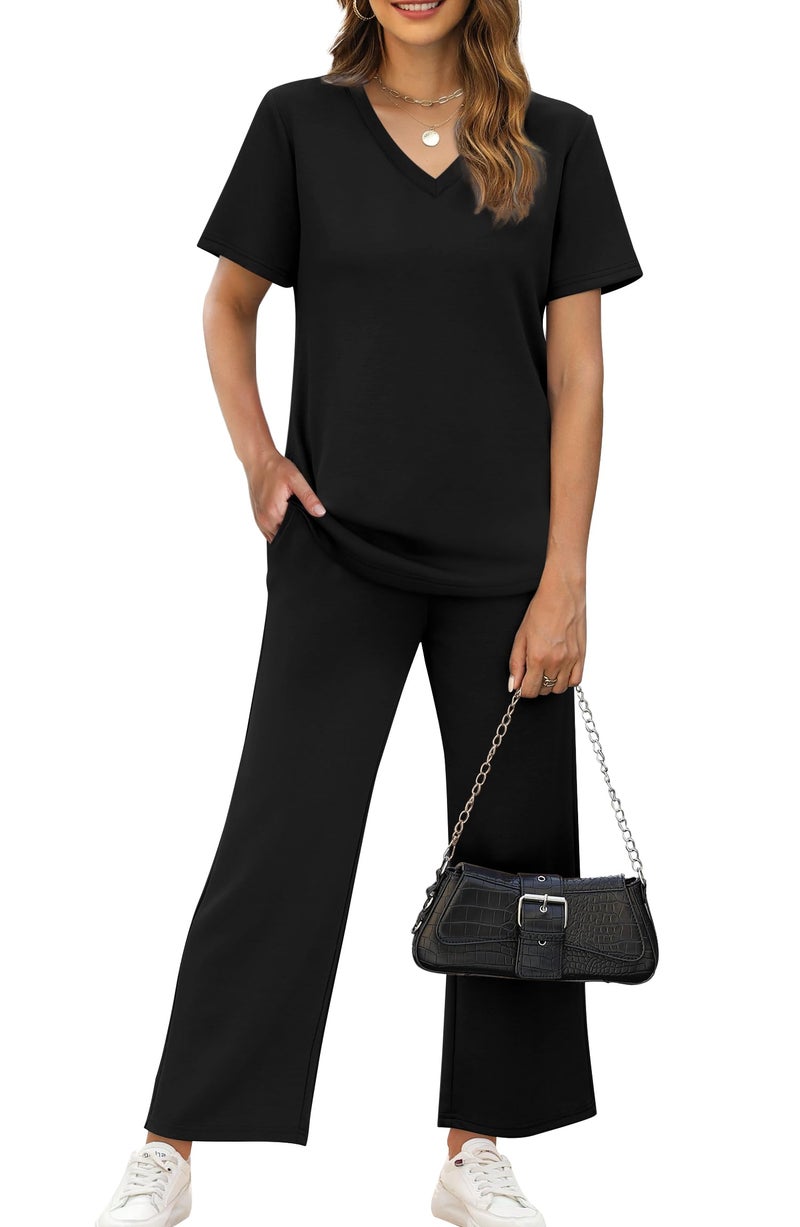 WIHOLL 2 Piece Sets For Women Summer Lounge Set Business Casual Date Outfits Track Suits Athleisure Pajamas Wide Leg Pants Woman Resort Wear 2025 Black M - Image 2
