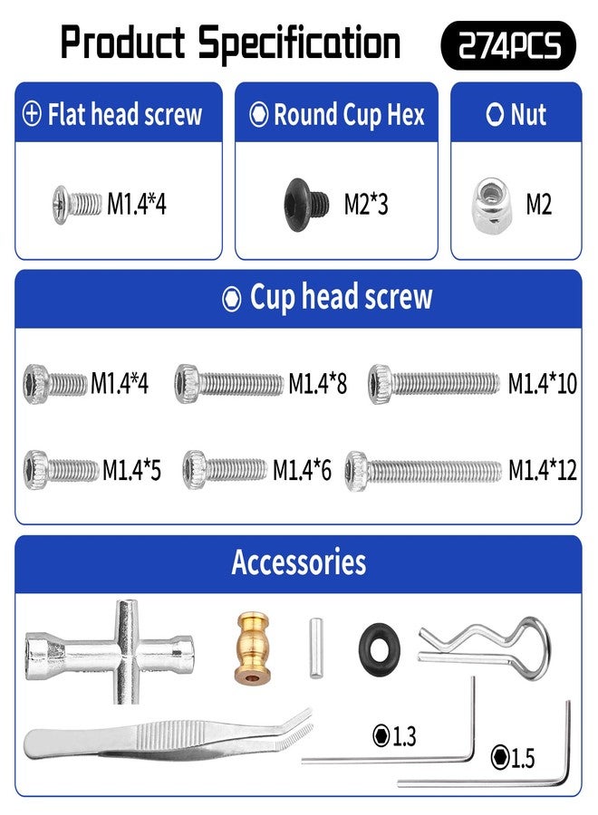 CrazyHobby طقم براغي إصلاح سيارات التحكم عن بعد من CrazyHobby، 274 قطعة، براغي M1.4 لسيارات Axial SCX24 Bronco Deadbolt Gladiator Chevrolet C10 B17 Betty Wrangler JLU، ترقيات سيارات الزحف بمقياس 1/24 - Image 2
