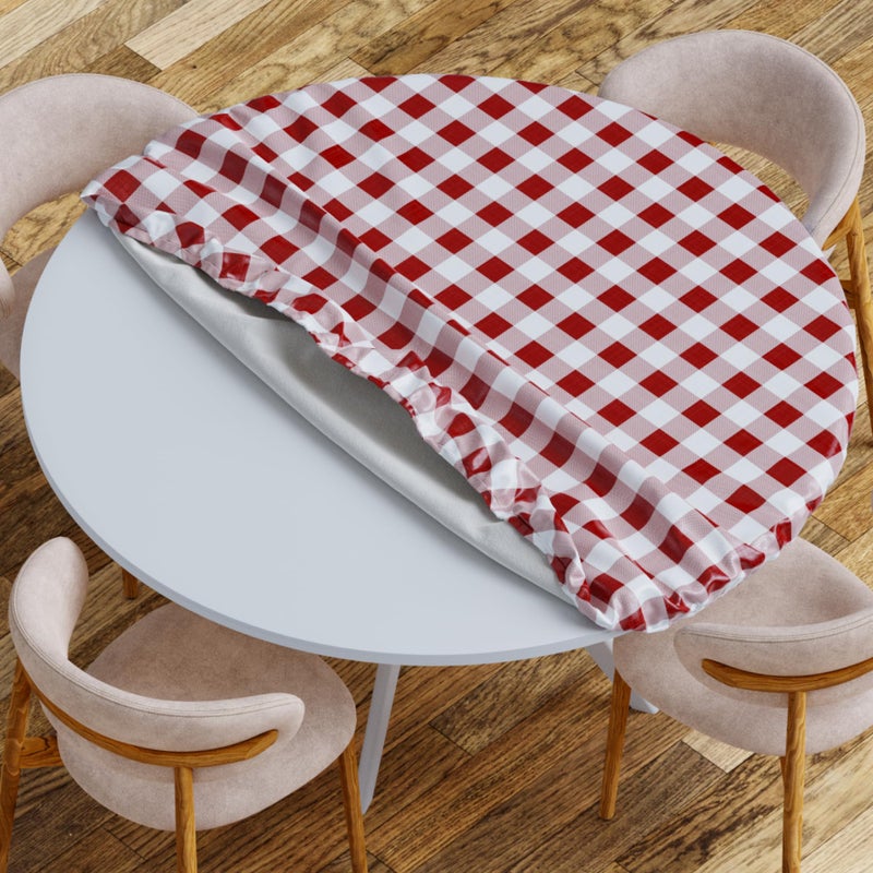 Sorfey Round Tablecloth Fitted with Elastic Vinyl with Flannel Back Fits for Table 30 Inches RoundWater Proof Easy to Clean Checked Burgundy Design