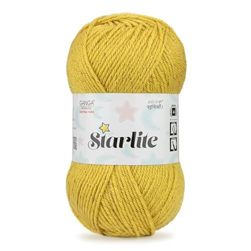 Ganga Acrowools Starlite, 99% Anti Pill Yarn 1% Metal, Hand Knitting Yarn Oekotex Class1 Certified (Stl004-Mustard), 100 Gram, Yellow - Image 1