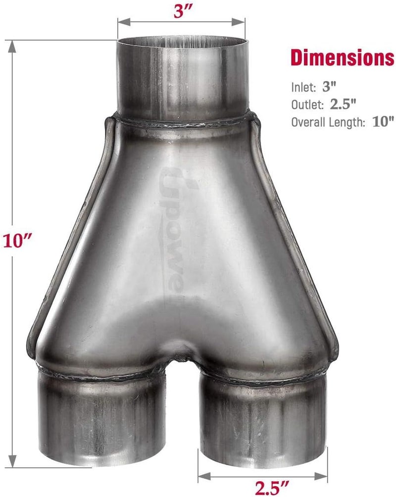 Upower Exhaust Y Pipe 3" Inlet 2.5" Outlet Weld-on Dual Exhaust Pipe 10" Long Stainless Steel - Image 4