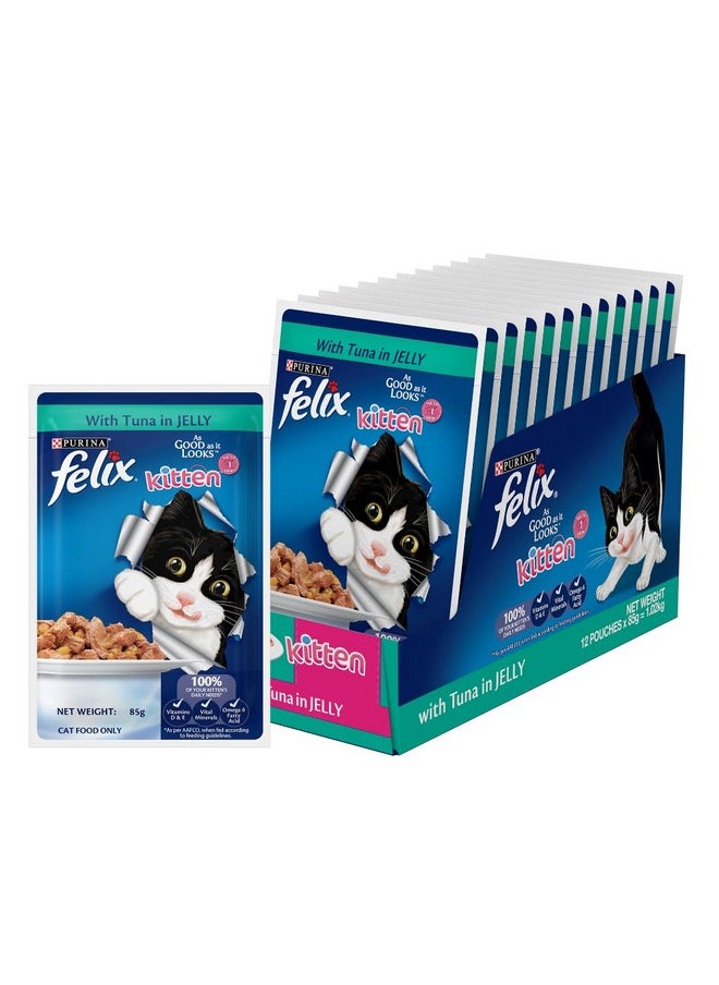 PURINA - Felix As Good As It Looks Wet Food For Kittens|Complete And Balanced Kitten Food |Tuna Flavour|Pack Of 12 Pouches (12 X 85 G) - Image 1