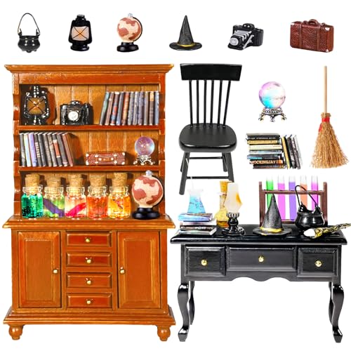 Rileryan 54 Pcs 112 Scale Magic Witchy House Kit Halloween Miniatures Furnitures Accessories Mini Wooden Bookshelf Bookcase 30 Mini Books Desk Chair Halloween Decoration Gift - Image 1