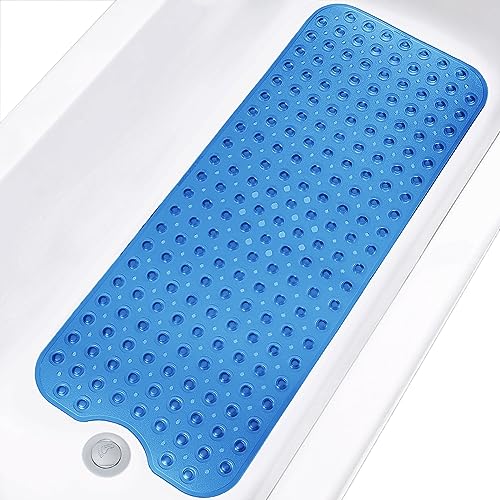 Linoows Bathtub and Shower Mats, Extra Long Non-Slip Bath Tub Mat 39 x 16 Inch, Machine Washable Bathmat with Suction Cups & Drain Holes for Bathroom Floor, Clear Royal Blue - Image 1