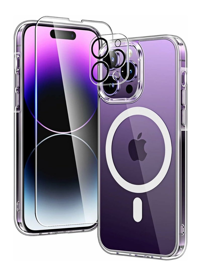 Package 3 in 1 For iPhone 15 Pro Max, Clear Case with Screen Protector & Lens Protector, Compatible with Magsafe, High-Grade Protection & Anti-Yellowing, Magnetic Case for iPhone 15 Pro Max, Transparent