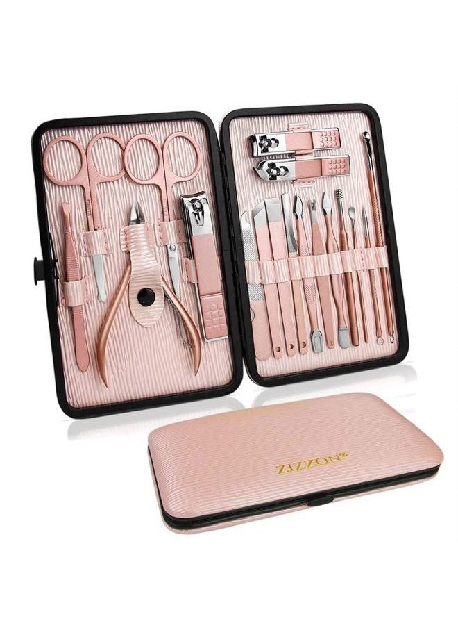 ZIZZON - Manicure Set 18 in 1 Professional Pedicure Set Nail scissors Grooming Kit with Leather Travel Case Pink - Image 1