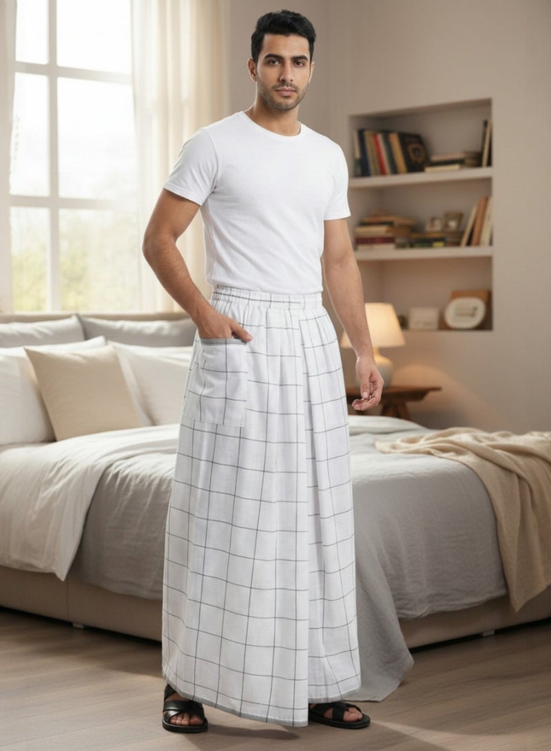 Hero Men's White Izar / Sarong with Elastic Waist & Side Pocket - Comfortable Summer Fouta for Men (Ma'awaz / Suba'iya) - Ideal for Home, Sleep, Athletes, and Prayer - Image 2