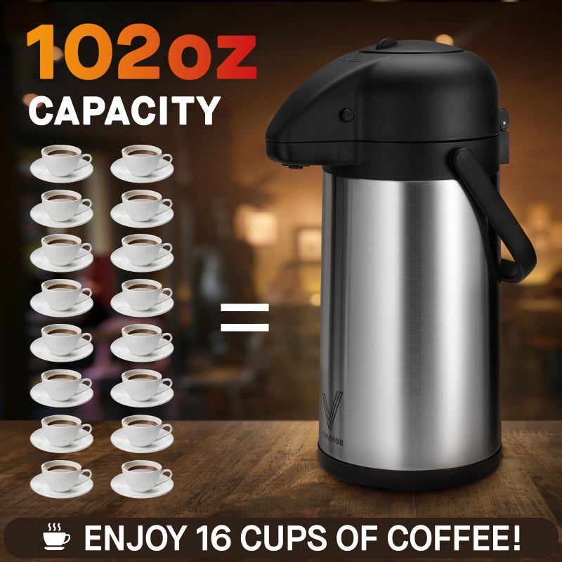 Vondior Airpot Coffee Dispenser with Pump - 2Pcs 102 oz Insulated Stainless Steel Coffee Carafe - Thermal Beverage Dispenser - Coffee Urn for Hot/Cold Water, Party Chocolate Drinks - Image 4