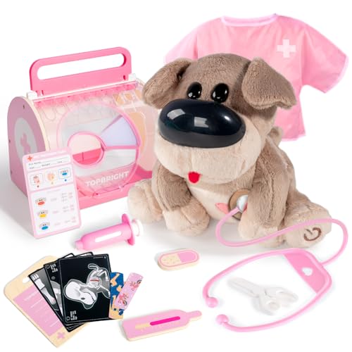 TOP BRIGHT Interactive Vet Play Set Toy Veterinarian Kit for KidsPretend Pet Doctor Set with Electronic Dog and Dress Up Costume Playset for Toddler Girls 35 Gifts - Image 1