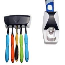 TOPHAVEN Plastic Automatic Toothpaste Dispenser and 5 Toothbrush Holder (Black) - Image 1
