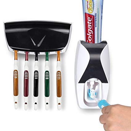 TOPHAVEN Plastic Automatic Toothpaste Dispenser and 5 Toothbrush Holder (Black) - Image 2