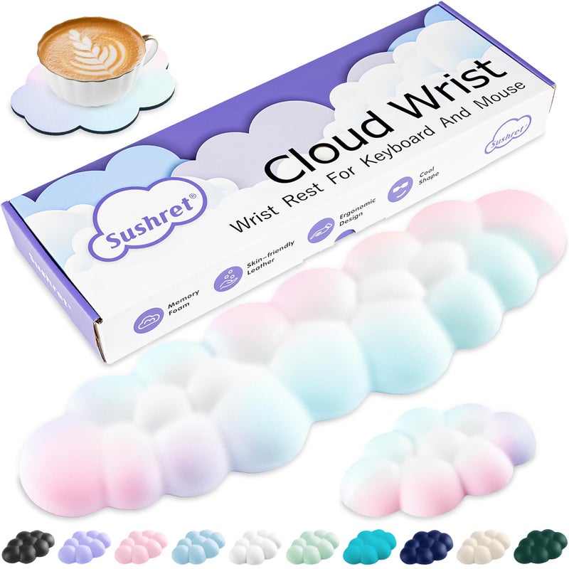 Sushret Cloud Wrist Rest Keyboard, Cloud Keyboard Wrist Pad Set with PU Leather Memory Foam, Cute Arm Rest for Palm Support, PC/Gaming Desk Accessories/Office Setup/Computer Hand Cushion - Rainbow - Image 1
