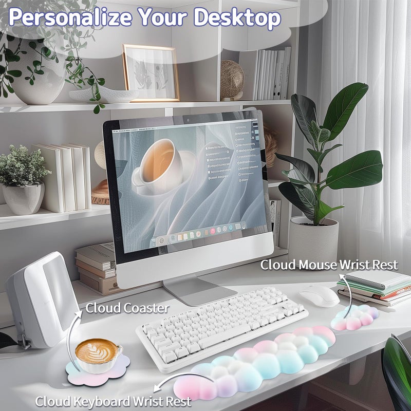 Sushret Cloud Wrist Rest Keyboard, Cloud Keyboard Wrist Pad Set with PU Leather Memory Foam, Cute Arm Rest for Palm Support, PC/Gaming Desk Accessories/Office Setup/Computer Hand Cushion - Rainbow - Image 2