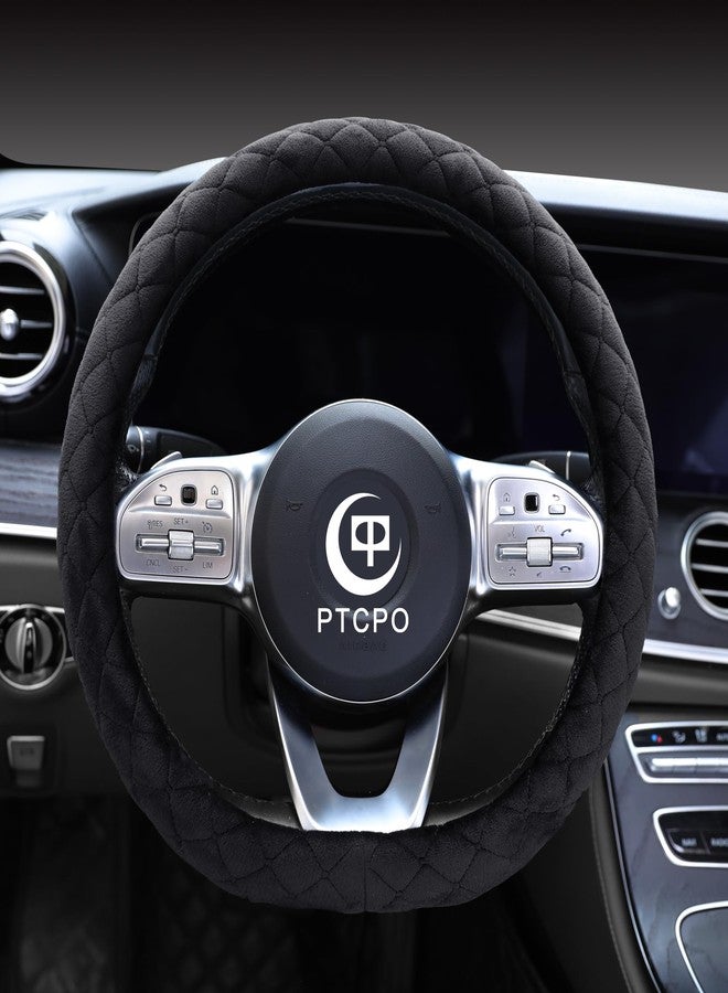 PTCPO Soft Car Steering Wheel Cover for Sedan, SUV, Warm Luxury Velvet, Odorless, Universal, Anti Slip, Summer Winter, Black, D Shape(Flat Bottom) - Image 1