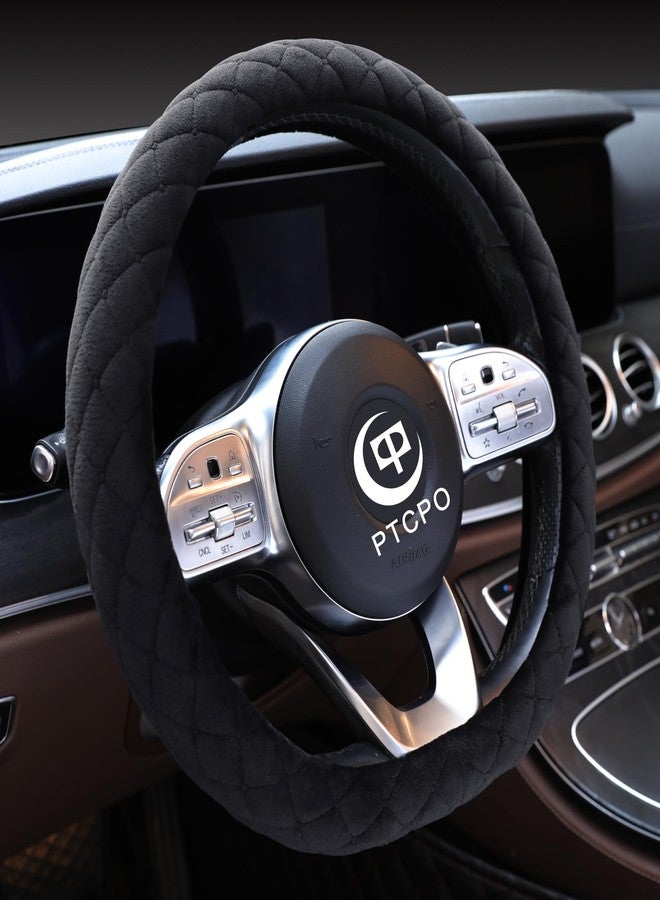PTCPO Soft Car Steering Wheel Cover for Sedan, SUV, Warm Luxury Velvet, Odorless, Universal, Anti Slip, Summer Winter, Black, D Shape(Flat Bottom) - Image 2